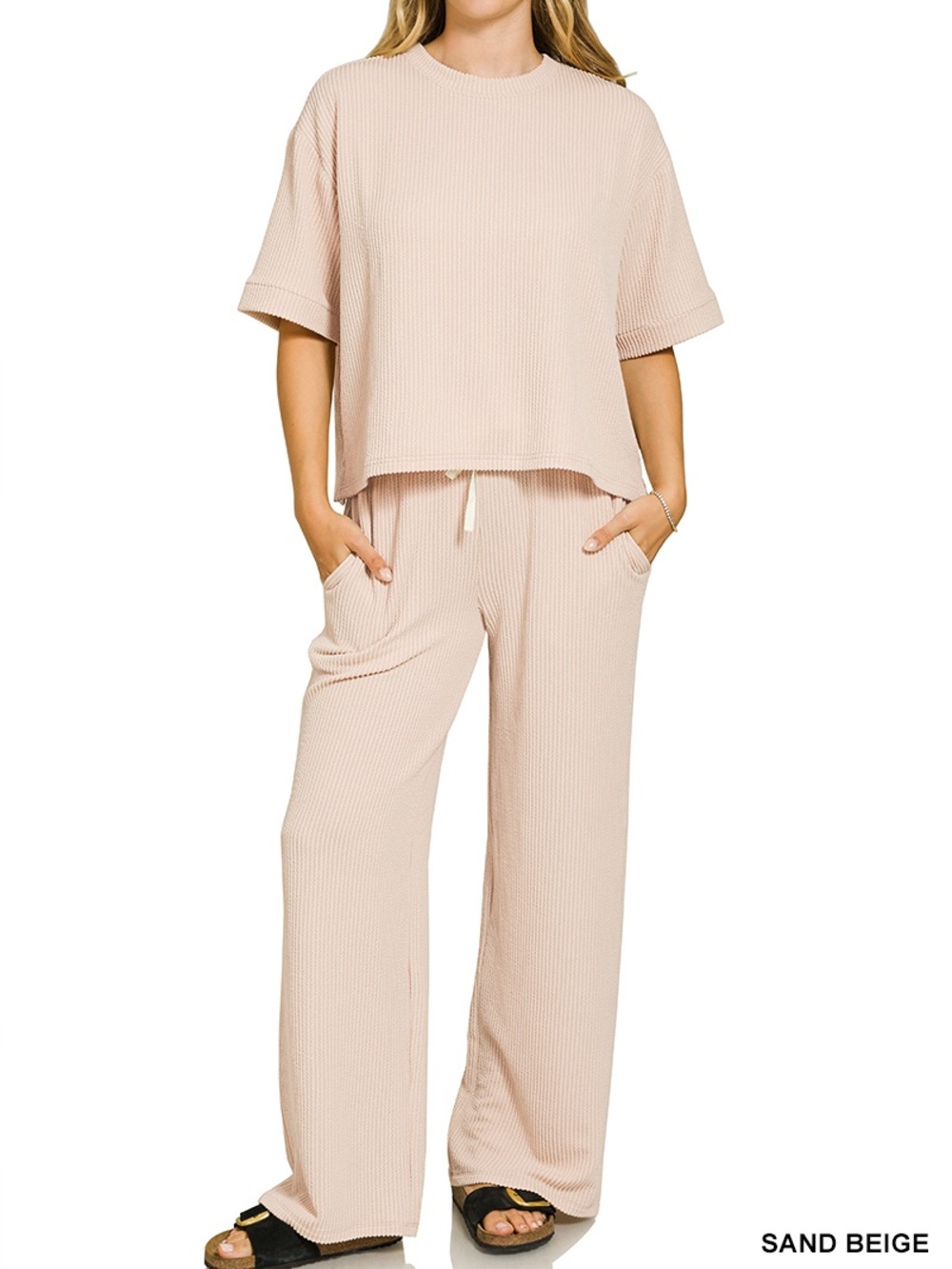 ZENANA SAND BEIGE RAISED RIB SHORT SLEEVE TEE & PANTS SET NWT